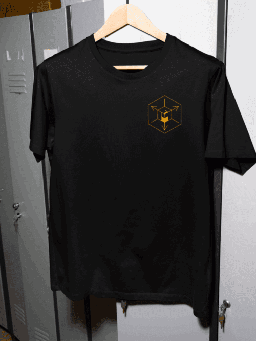 Black off-road landscape t-shirt hanging on grey locker